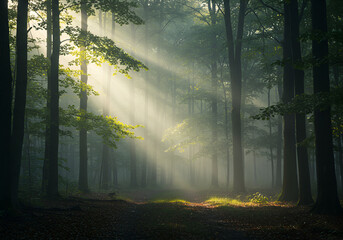 Obraz premium A tranquil misty forest with sunlight filtering through the trees.