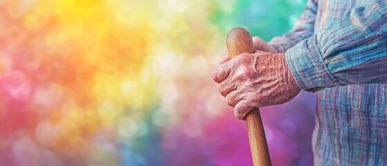 Elderly Hands Holding Wooden Cane Against Vibrant Rainbow Background