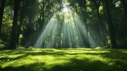 Sunlight streams through a dense forest. Lush green foliage and grass blanket the forest floor.  Sunlight creates a magical atmosphere