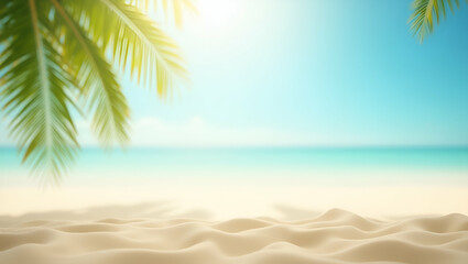 Tropical Beach Scene with Blurred Palms and Bokeh Effects: A Relaxing Summer Vacation Backdrop for Customization in Simple Flat Cute Vector Illustration Style