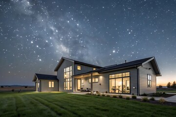 A gray ranch style model Hedges around modern house