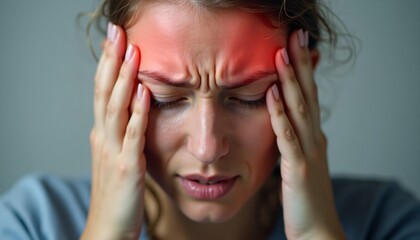 Fototapeta premium Detailed shot of a person holding their forehead, suffering from a migraine.