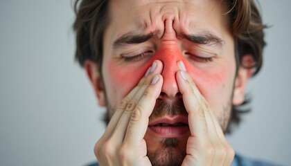 Close up of a person touching their sinus area, suffering from sinus pain.
