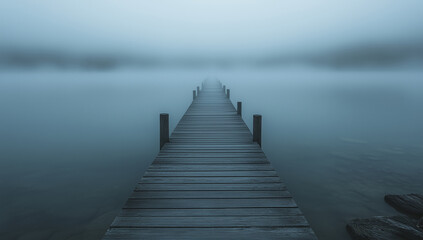 Fototapeta premium Discovering tranquility on a misty morning at a serene lakeside dock