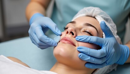 Obraz premium Hands applying cooling gel before a laser procedure on a patient's skin.
