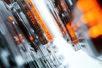 a row of servers with a digital display and orange lighting in a modern data center