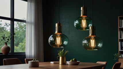 Three stylish globe pendant lights illuminate a dining room.  Warm light enhances the ambiance