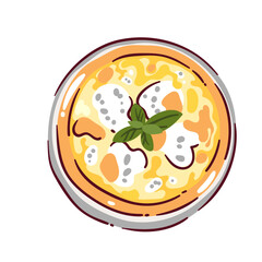Whole cartoon pizza on plate. Funny top view of round Pizza Bianca from pizzeria menu. Fast food mascot, cartoon cheesy flatbread with white sauce and cheese, fresh basil leaf vector illustration