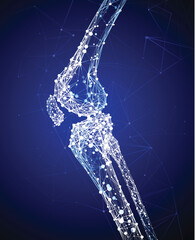 Illustration of a knee bone in a modern style using geometric shapes connected to form a knee bone on a dark blue background. Used in medicine, education, science, advertising, commerce and industry.