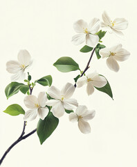 Obraz premium White flowers and green leaves on branch, isolated on white