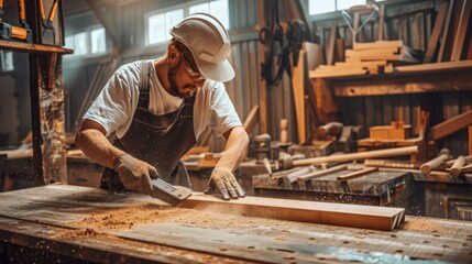 Professional carpenter expertly planing wood in a workshop, wearing safety gear amidst sawdust and tools