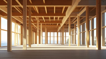 Wooden Frame Structure: Sunlight Illuminates Modern Construction