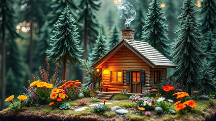 Cozy Cabin in a Magical Forest Illuminated Log Home Flowers Trees