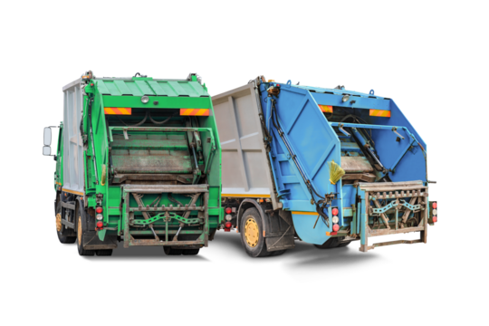 Two garbage trucks, green and blue, parked next to each other. Separate waste collection concept in the city.