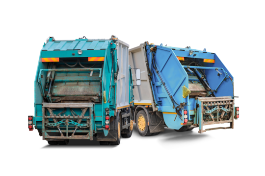 Two garbage trucks are parked in a remote location, ready for waste collection. The trucks feature distinct colors and designs, highlighting their purpose.