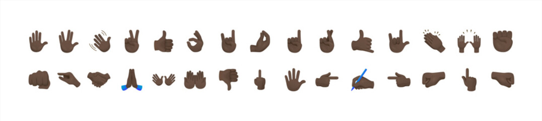 Fototapeta premium All hand emojis, stickers in all skin colors. Hand emoticons vector illustration symbols set, collection. Hands, handshakes, muscle, finger, fist, direction, like, unlike, fingers. Vector 10 eps.