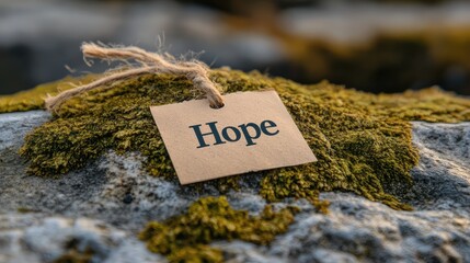 Naklejka premium Inspirational Tag Reading 'Hope' Placed on Mossy Rock Surrounded by Nature, Symbolizing Positivity and Resilience in a Tranquil Outdoor Setting