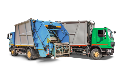 Two separate garbage trucks parked next to each other, ready to start collecting garbage in the city.