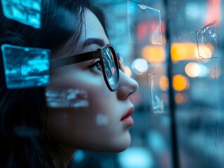 Visionary's Gaze: A young woman with glasses is absorbed in the digital displays of tomorrow, as her eyes reflect a vision of innovation and future technology.