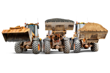 Three construction forklifts lined up with raised buckets, filled with various materials, ready for transportation and various construction projects. Construction equipment rental.