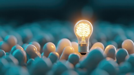 Creative energy concept with glowing light bulb shining brightly among abstract white bulbs, symbolizing ideas, innovation, inspiration, and breakthrough in a modern design environment