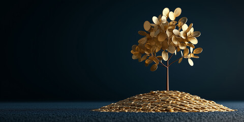 Golden tree growing from a pile of coins symbolizes wealth and prosperity in a minimalistic setting at dusk