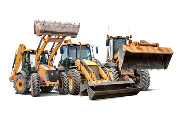 The range of construction equipment available for rent includes bulldozers, loaders and other heavy equipment for a variety of construction tasks. Isolated for design.