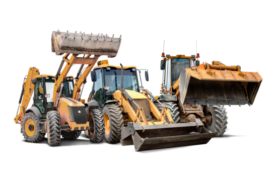 The range of construction equipment available for rent includes bulldozers, loaders and other heavy equipment for a variety of construction tasks. Isolated for design.