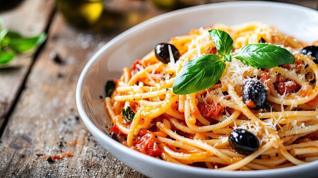 A bowl of pasta with black olives and basil on top