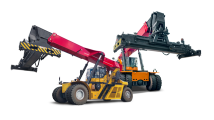 Large reach stackers, designed for lifting heavy loads, are shown isolated, highlighting their availability for hire for projects.