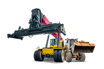 Heavy construction equipment including a loader and a telescopic handler is displayed, highlighting their features for rental opportunities in various projects.