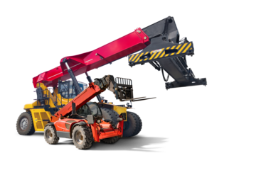 Two pieces of heavy machinery are actively involved in a construction project. A telehandler and a loader are working together in an isolated location.