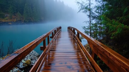 Fototapeta premium Tranquil Wooden Bridge Over Misty Lake Surrounded by Forests in Foggy Atmosphere at Dawn, Evoking Peaceful Nature Scene for Relaxation and Exploration