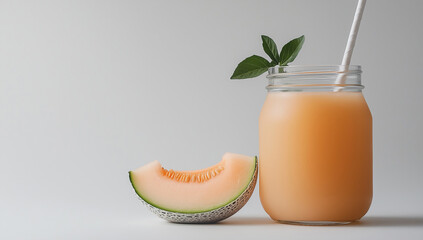 Refreshing melon drink in a glass jar accompanied by a fresh melon slice on a minimalist background