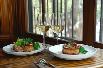 Fine dining restaurant ambiance: Two plates with gourmet food and white wine glasses on a wooden table by the window.