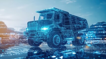Digital Transformation in Transportation: A Wireframe Dump Truck on a Futuristic Digital Landscape