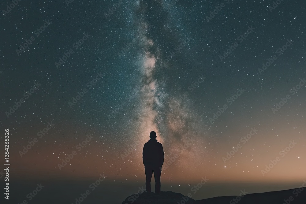 Wall mural milky way arch and man on top of mountain on starry night. silhouette of lonely guy, pink sky with b
