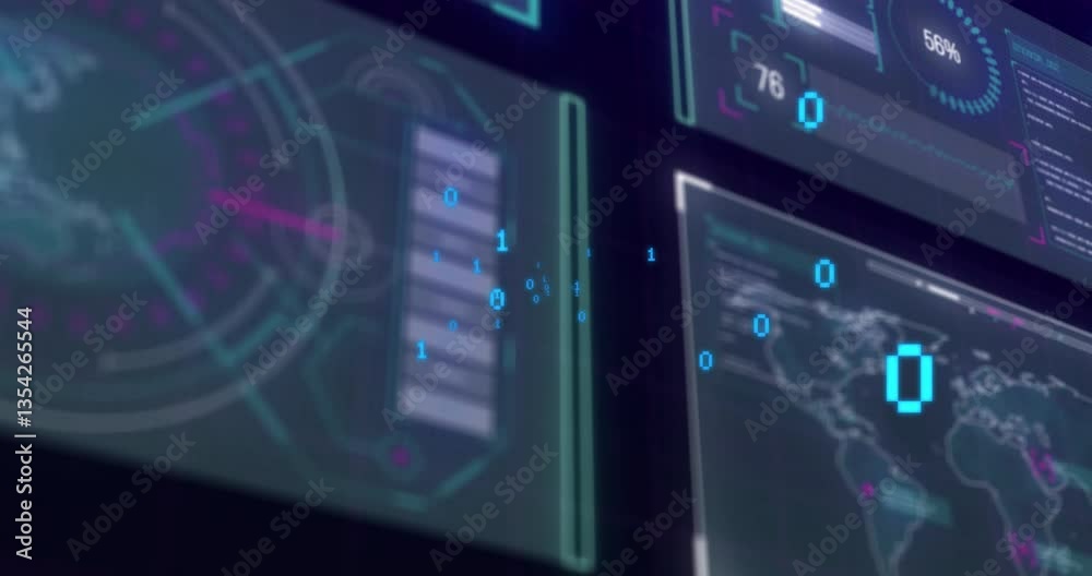 Poster digital data and binary code animation over futuristic interface screens