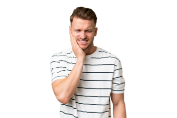 Young blonde caucasian man over isolated background with toothache