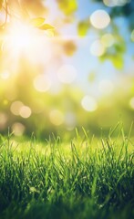 Obraz premium Beautiful blurred background of lush green grass and blue sky on a sunny day with copy space