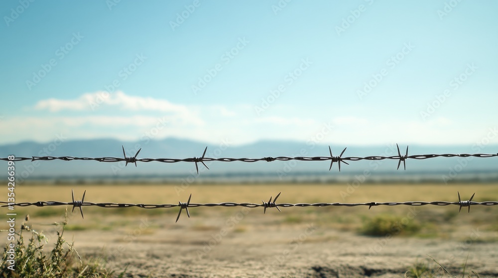 Aufkleber A barbed wire barrier in an expansive, empty space, emphasizing the contrast between security and openness.