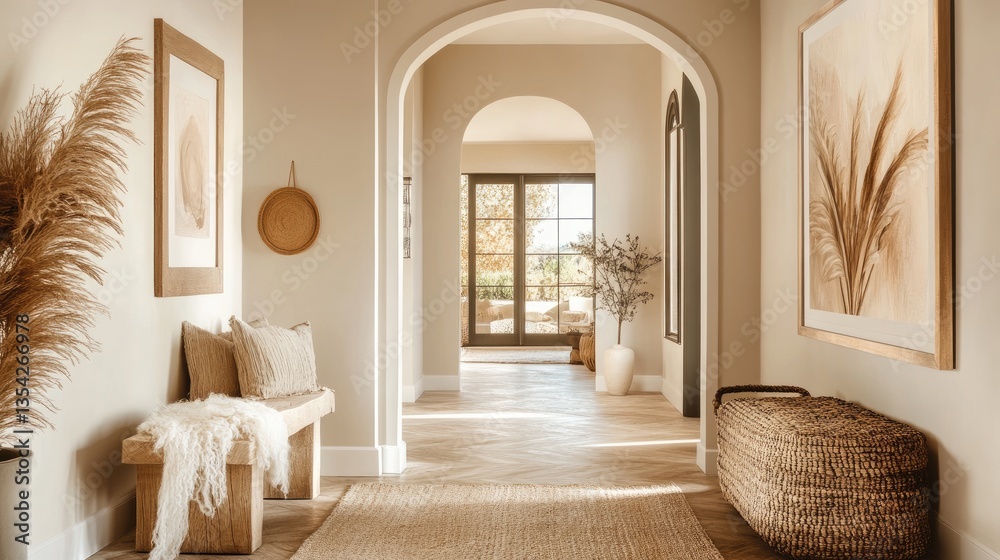 Poster A boho-inspired entryway in beige, with framed art and soft, natural elements that create a calm and stylish first impression