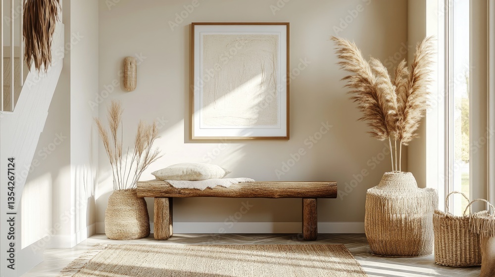Poster A boho-inspired entryway in beige, with framed art and soft, natural elements that create a calm and stylish first impression