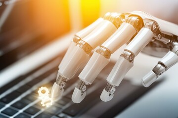 Robot hand working on a laptop keyboard with glowing gears for machine learning and AI concept