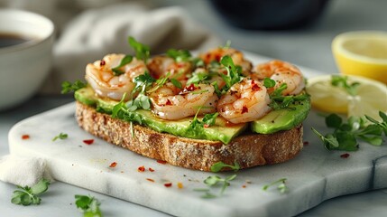 A shrimp and avocado sandwich is served on a marble countertop