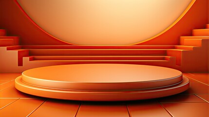 Fototapeta premium Futuristic podium scene with geometric stairs, warm lighting, and bold orange tones. This minimal, modern design blends symmetry, depth, and clean architectural elegance for visual impact.