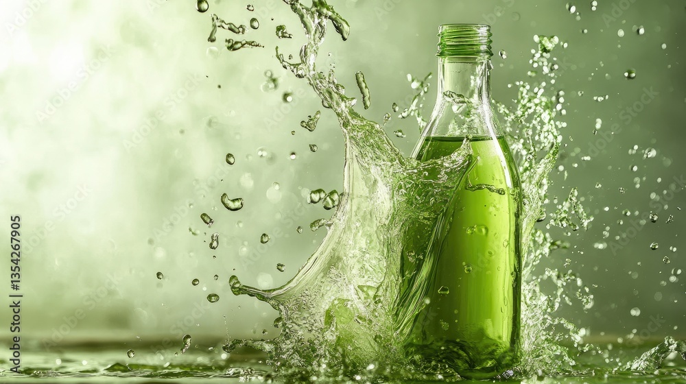 Poster a bottle of fresh green liquid pouring and splashing dramatically in a well-lit studio setting, with