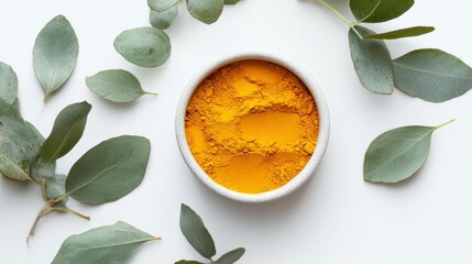 Blank card with a kraft envelope, adorned with eucalyptus sprigs, displayed on a white table, polished paper texture, natural lighting, clean edges, and fresh and minimalist style.