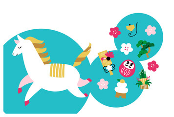 午年年賀状テンプレート　シンプルな馬とお正月イメージのアイテム