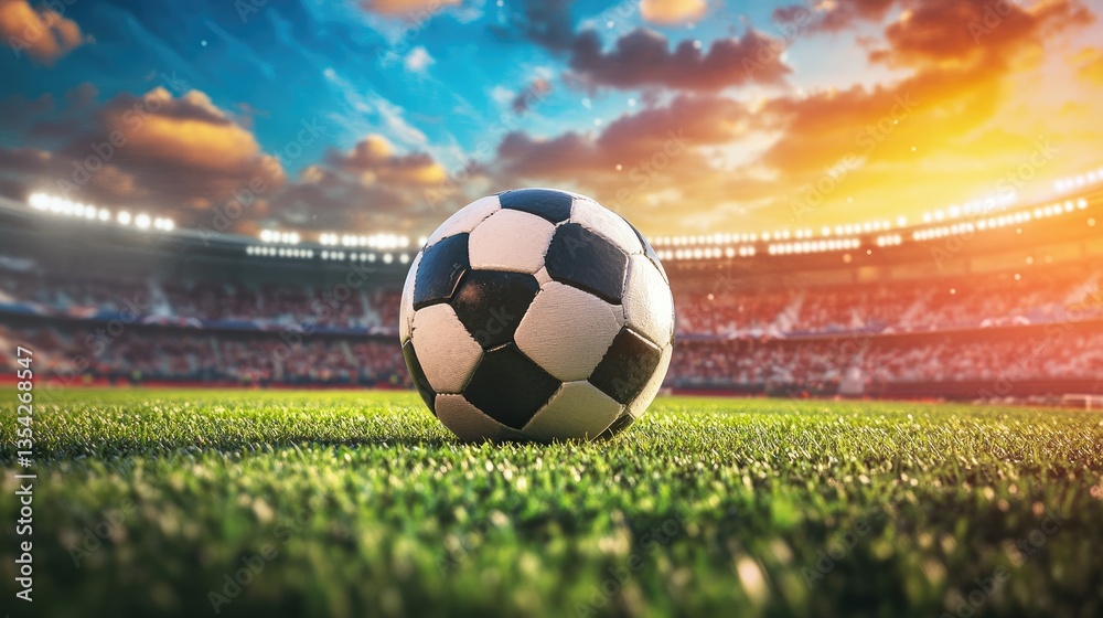 Aufkleber a bright soccer ball sits in the center of a field, set against a dynamic and colorful stadium backg